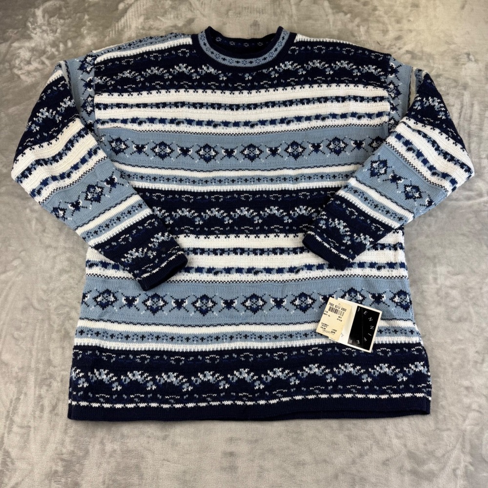 NWT Jennifer Moore Womens Vintage Sweater Blue Novelty Pattern Large (1329)